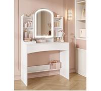 Coiffeuse avec Éclairage LED, Grand Plateau de 90cm,Miroir Rond Arqué, Rangement de Bijoux Caché Derrière Le Miroir,3 Couleurs,Blanc