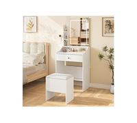Coiffeuse avec éclairage LED, miroir et tabouret - MDF - Blanc - 62x150cm