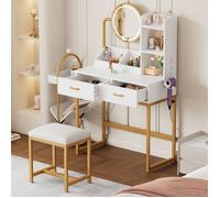 Coiffeuse avec éclairage LED, miroir, prises électriques, tabouret, 2 tiroirs et 2 étagères ouvertes, blanche, 80 x 138,5 x 40 cm