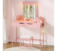 Coiffeuse avec éclairage, tiroirs en Tissu, tiroirs Miroir, luminosité réglable, Coiffeuse avec Portes, Table de Maquillage avec étagère à Bijoux, étagères réglables, Couleur Bois
