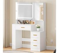 Coiffeuse avec éclairage, tiroirs en Tissu, tiroirs Miroir, luminosité réglable, Coiffeuse avec Portes, Table de Maquillage avec étagère à Bijoux, étagères réglables, Couleur Bois