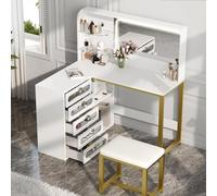 Coiffeuse avec grand miroir LED, tabouret, 6 tiroirs, étagères ouvertes, rangement dissimulé, design moderne, Blanc