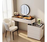 Coiffeuse avec lumières - Table de maquillage avec miroir LED et chaise - Ensemble coiffeuse avec chargement sans fil, tiroirs et haut-parleur Bluetooth (blanc, 100 cm)