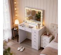 Coiffeuse avec Miroir à Éclairage LED Dimmable Blanc 92cm 6 Tiroirs Miroir 80x 58 cm