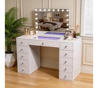 Coiffeuse avec Miroir à Éclairage LED RGB Dimmable Blanc 130cm 11 Tiroirs Miroir 80x 58 cm