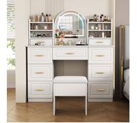Coiffeuse avec miroir,Coiffeuses avec éclairage LED, Coiffeuse avec 9 tiroirs, Coiffeuse, blanche, pour salon chamb