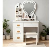 Coiffeuse avec miroir cœur LED et tabouret - Design moderne, fonctionnel et durable - Blanc - 80x40x135 cm
