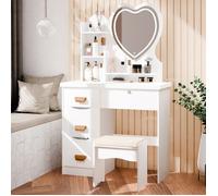 Coiffeuse avec miroir en forme de cœur éclairé par LED, coiffeuse avec 4 tiroirs et étagères ouvrantes, 1 tabouret