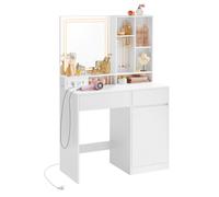 Coiffeuse avec Miroir et Lumière, Largeur de 90 cm, avec Tiroir et Étagères Réglables, Prise de Courant, Blanc Nuage