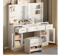 Coiffeuse avec Miroir et Tabouret de Rangement - NHHF - 113X40X140 CM -10 Ampoules - 3 Couleurs Réglables - 3 Tiroirs et 2 armoires