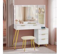 Coiffeuse avec Miroir et Tabouret, Éclairage LED, Multiprise, 40 x 110 x 135 cm, Blanc
