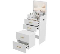 Coiffeuse avec miroir et tabouret - HOMCOM - 3 en 1 - 3 tiroirs et plateau en verre visible, coussin rembourré - blanc