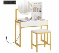 Coiffeuse avec miroir et tabouret - HOMCOM - station de charge - 2 tiroirs, 3 étagères ouvertes - métal - 80 x 41,7 x 130 cm - blanc