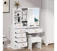 Coiffeuse avec Miroir et Tabouret, Table de Maquillage Moderne Blanche avec 6 Tiroirs, Étagères Ouvertes et Rangement Caché, Bureau Coiffeuse pour Chambre, Meuble de Maquillage Fille