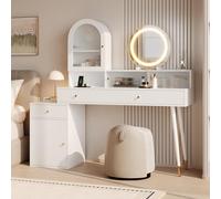 Coiffeuse avec Miroir LED, 3 Couleurs,bureau coiffeuse 2 en 1, Grand Espace de Rangement,ports Type-C et USB,2 prises électriques, miroir coiffeuse,design flexible en forme de L avec plateau en verre