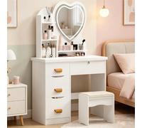 Coiffeuse avec Miroir LED 3 Couleurs en Forme De Cœur, Coiffeuse Bois Moderne Table De Maquillage avec 4 Tiroirs Et étagères Ouvertes, Meuble De Chambre Tabouret Inclus Blanche