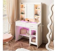 Coiffeuse avec Miroir LED - 3 Modes D'éclairage Réglable - avec 2 Tiroirs et 8 Étagères Rangement - Blanc - 89.8x40x145cm