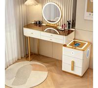 Coiffeuse avec miroir LED, coiffeuse pré-assemblée avec haut-parleur Bluetooth, chargement sans fil, plateau en verre trempé et 5 tiroirs pour rangement de maquillage