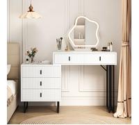 Coiffeuse avec Miroir LED COSTWAY, 3 Modes d'Éclairage, 5 Tiroirs, Table d'Appoint Latérale, Finition Cannelée, Pieds en Métal