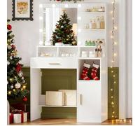 Coiffeuse avec Miroir LED,Dressing Table de Maquillage avec 3 étagères et 4 Compartiments Ouverts,avec Grand Tiroir et Armoire,Blanc