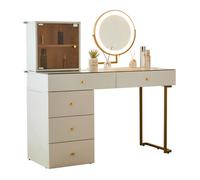 Coiffeuse avec Miroir LED,Éclairage 3 Couleurs Dimmable,5 Tiroirs,Bordure Dorée,Robuste,Combinaison Flexible,Blanc