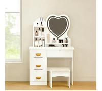 Coiffeuse avec Miroir LED en Cœur et Tabouret - FIANAO - 4 Tiroirs, Étagères Ouvertes, Éclairage 3 Couleurs - 80x40x135cm