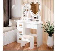 Coiffeuse avec miroir LED en forme de cœur, 4 × Tiroirs et étagères ouvrantes, 1× Tabouret - 80 × 40 × 135 cm - Blanc