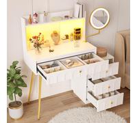 Coiffeuse avec miroir LED et portes coulissantes en verre – Coiffeuse blanche, 4 tiroirs, miroir pivotant, 112 x 34,5 x 116 cm