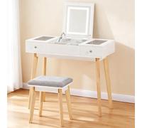 Coiffeuse avec Miroir LED et Tabouret, 3 Couleurs, Prise de Courant et USB | Table de Maquillage avec 2 Tiroirs et 4 Compartiments, Meuble Chambre avec Verre Transparente, Blanc et Bois, 90 cm