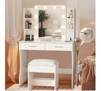 Coiffeuse avec Miroir LED et Tabouret - 85x40x140 CM - 3 Modes D'éclairage - 2 Prises et 2 USB - 2 Tiroirs - 4 Étagères