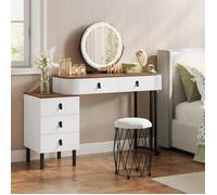 Coiffeuse avec Miroir LED et Tabouret Rembourré - WOLTU 2-en-1 Table de Maquillage - 5 Tiroirs
