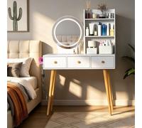 Coiffeuse avec miroir LED, multiprise et support pour sèche-cheveux - 3 couleurs d'éclairage réglables, MDF blanc 90 x 40 x 135 cm