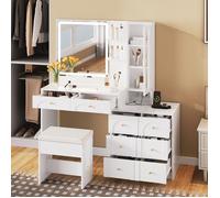 Coiffeuse avec miroir LED, prise électrique, 8 tiroirs, tabouret, meuble-lavabo avec 2 étagères, 1 vitrine, blanche, 131,5x40x140cm
