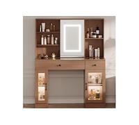 Coiffeuse avec miroir LED, prises et espace de rangement, table cosmétique avec éclairage 3 couleurs, 2 tiroirs et 2 armoires,couleur bois