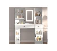 Coiffeuse avec miroir LED, prises et espace de rangement, table cosmétique avec éclairage 3 couleurs, 2 tiroirs et 2 armoires
