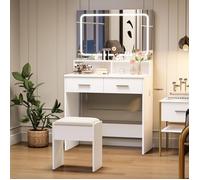 Coiffeuse avec Miroir LED - PROMIRACAL - 2 Tiroirs - Tabouret Velours - 80x40x130cm - Design Moderne