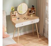 Coiffeuse avec Miroir LED réglable 3 Niveaux, Table Maquillage Moderne avec tiroirs Bois Massif, Meuble beauté Chambre avec étagères Ouvertes, Coiffeuse Blanche élégante Femme (Bois)