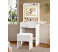 Coiffeuse avec Miroir LED, Réglable en luminosité et 3 Couleurs, Table de Maquillage avec Tabouret, Bureau Rabattable, Tiroir, Étagères Réglables, Petit Meuble Coiffeuse, Blanc