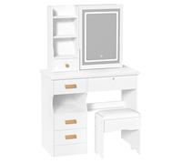 Coiffeuse avec miroir LED réglable - FIANAO - 5 tiroirs + étagères ouvertes - Bois mélaminé résistant aux rayures - Blanc élégant