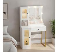 Coiffeuse avec Miroir LED, Tiroirs Et Armoires, Style Moderne, Blanc | Grand Espace de Rangement Robuste en MDF, ports USB et Prises Intégrées, Idéale pour Chambre