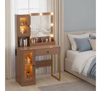 Coiffeuse avec Miroir LED, Tiroirs Et Armoires, Style Moderne, Couleur Bois | Grand Espace de Rangement Robuste en MDF, ports USB et Prises Intégrées, Idéale pour Chambre