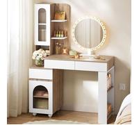 Coiffeuse avec miroir LED - WOLTU - Miroir rond MOBILE - Chêne clair et blanc - Coiffeuse Polyvalent