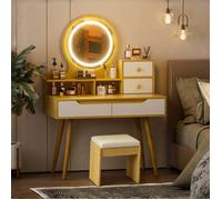 Coiffeuse avec miroir - LEMONBEST - L80xH135xP40 - Éclairage LED réglable - 2 tiroirs & 2 placards - Tabouret rembourré