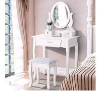Coiffeuse avec Miroir - LUMINARIX - 3 Tiroirs - Style Rococo - Finition Laquée Blanche - Tabouret Inclus