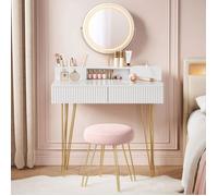 Coiffeuse avec Miroir Pivotant et Tabouret, Miroir, avec Éclairage et Multiprise, 40 x 80 x 134,8 cm, Blanc et Doré Clair
