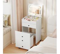 Coiffeuse avec Miroir Rabattable et Tabouret COSTWAY, Roulettes Verrouillables, Lumière Luminosité Réglables, Tabouret de Rangement
