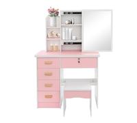 Coiffeuse avec Miroir, Table de Maquillage Rose et Blanc, Table de Beauté | 5 Tiroirs Et Compartiments CachéS, Structure Stable 100kg, Pour Chambre, Salon, Petit Espace Ou Dressing, Dimensions