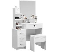 Coiffeuse avec miroir, tabouret et tiroirs - MDF - Blanc - 87x40x144cm