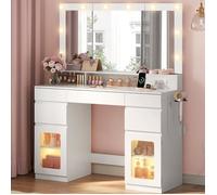 Coiffeuse avec miroir triple - WOLTU - Ampoules LED - Station de Charge - 5 tiroirs - Blanc