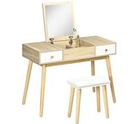 Coiffeuse avec tabouret style scandinave - 2 tiroirs, compartiment porte miroir - panneaux aspect chêne clair blanc Beige G